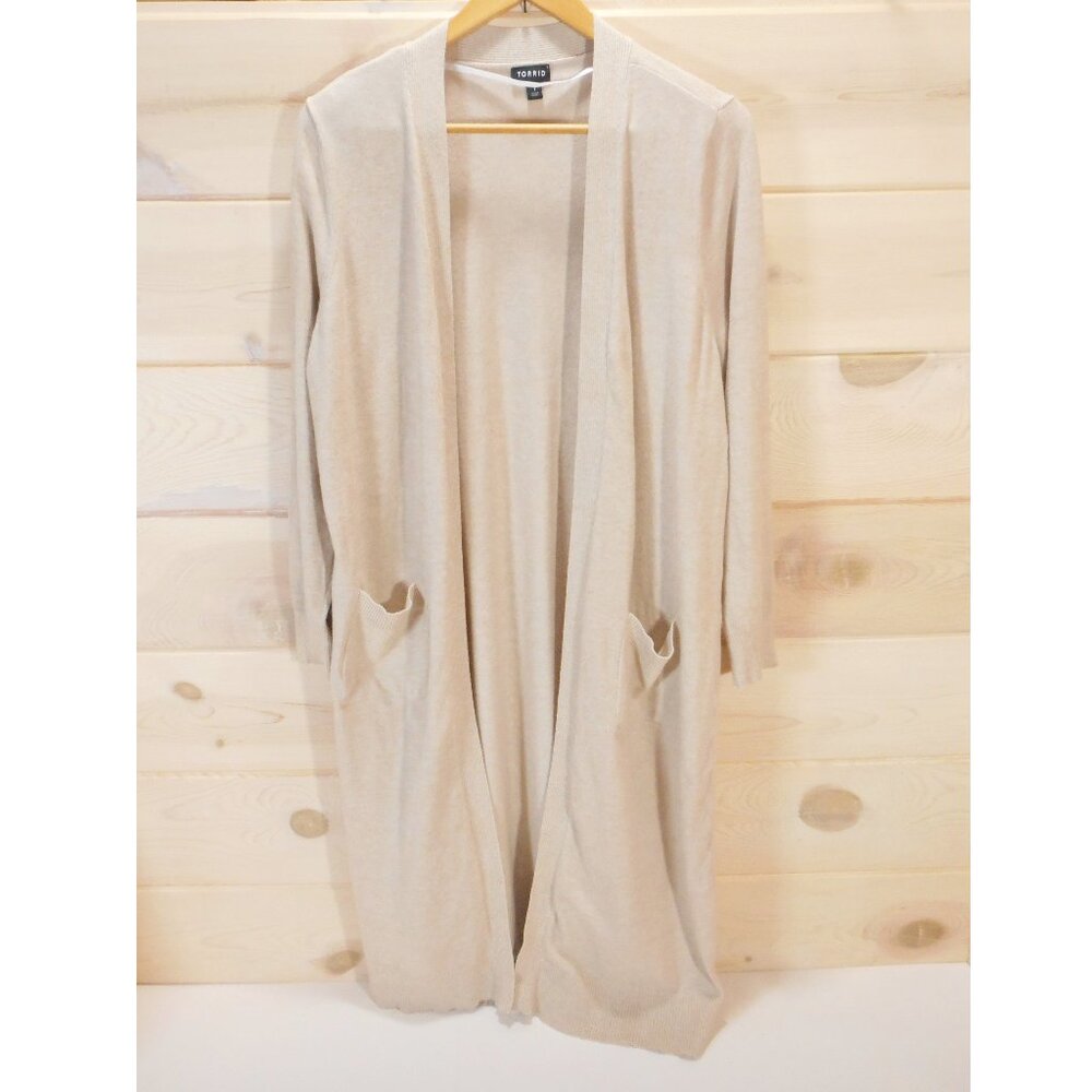 Torrid Women's plus size 1X Long Duster Cardigan Sweater Beige Pockets Sweater